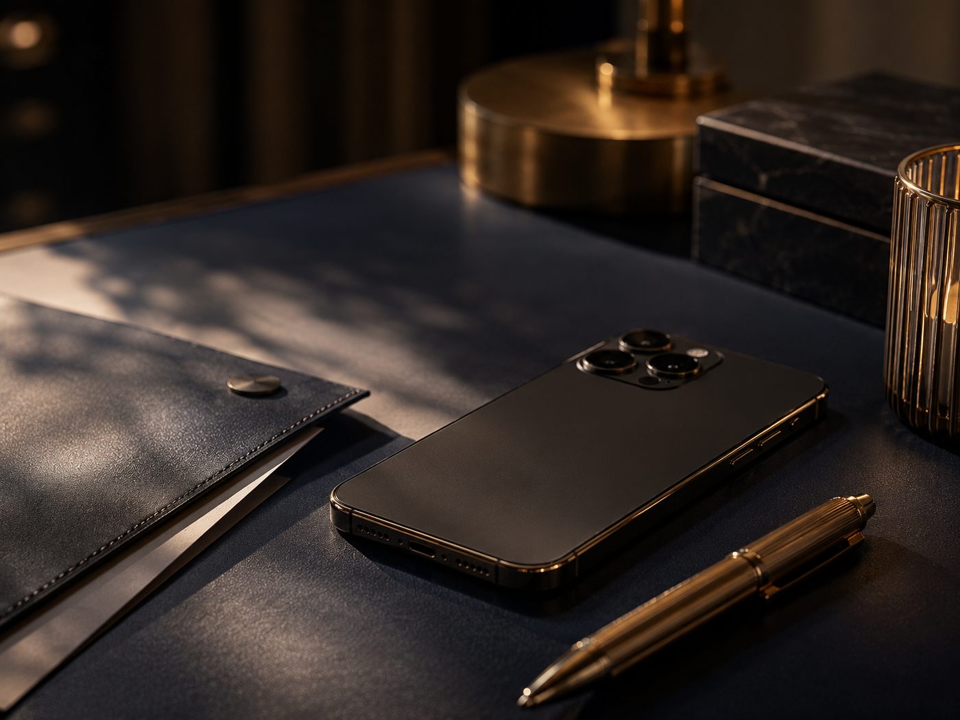 A smartphone resting face-down on a navy desk beside a brass pen, evoking discretion